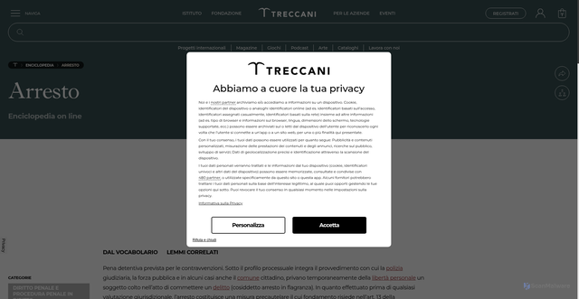 Security scan screenshot of https://www.treccani.it/enciclopedia/arresto/