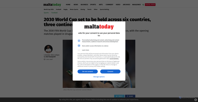 Security scan screenshot of https://www.maltatoday.com.mt/sports/football/125290/2030_world_cup_set_to_be_held_across_six_countries_three_continents_