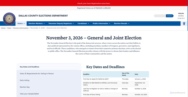 Security scan screenshot of https://www.dallascountyvotes.org/voters/election/november-3-2026-general-and-joint-election/