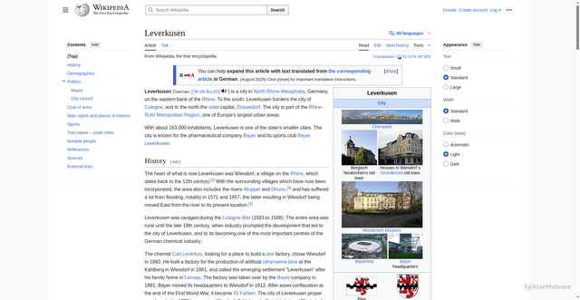 Security scan screenshot of https://en.wikipedia.org/wiki/Leverkusen