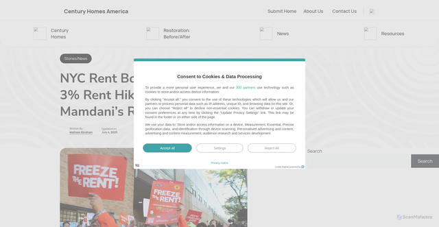 Security scan screenshot of https://centuryhomesamerica.com/nyc-rent-board-approves-rent-hike-rejects-mamdanis-rent-freeze/