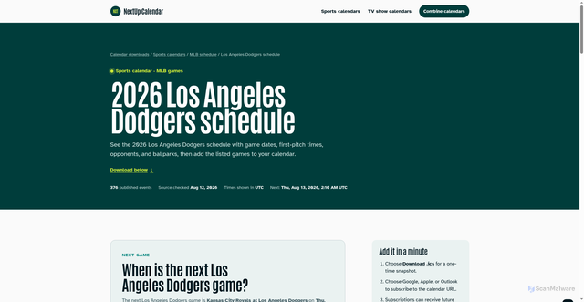 Security scan screenshot of https://www.nextupcalendar.com/sports/baseball/mlb/los-angeles-dodgers/