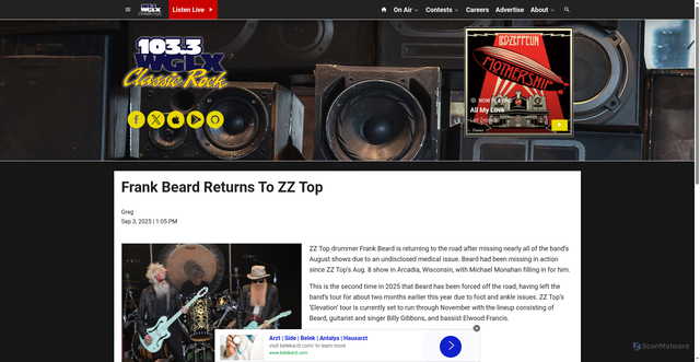Security scan screenshot of https://wglx.com/2025/09/03/frank-beard-returns-to-zz-top/