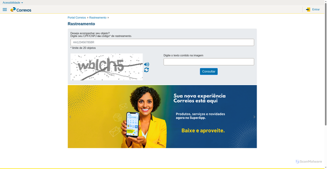 Security scan screenshot of https://rastreamento.correios.com.br/app/index.php