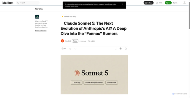 Security scan screenshot of https://blog.gopenai.com/claude-sonnet-5-the-next-evolution-of-anthropics-ai-a-deep-dive-into-the-fennec-rumors-7b5e71baf4fe