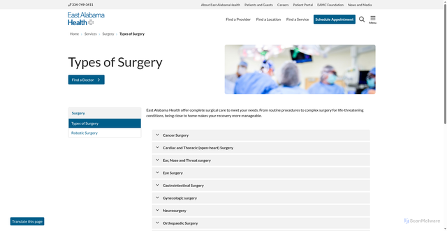 Security scan screenshot of https://www.eastalabamahealth.org/services/surgery/types-of-surgery