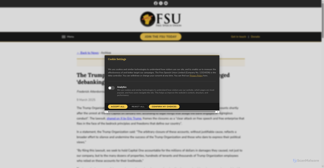 Security scan screenshot of https://freespeechunion.org/archive/the-trump-organization-launches-legal-action-after-alleged-debanking-by-capital-one