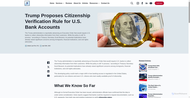 Security scan screenshot of https://www.jeelani-law.com/citizenship-verification-rule-for-us-bank-accounts/