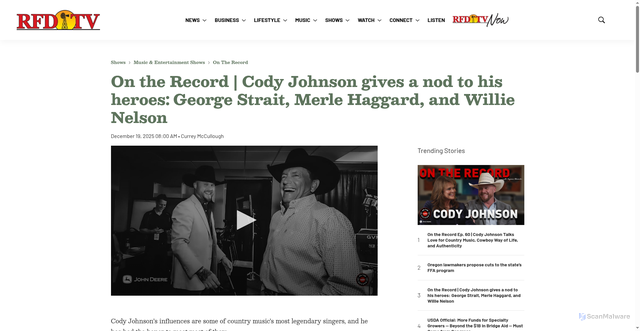 Security scan screenshot of https://www.rfdtv.com/on-the-record-cody-johnson-gives-a-nod-to-his-heroes-george-strait-merle-haggard-and-willie-nelson