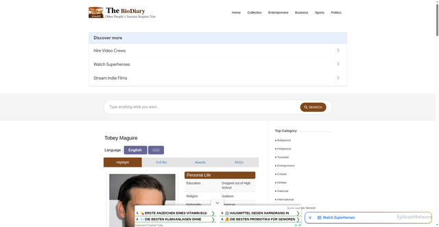 Security scan screenshot of https://thebiodiary.com/home/biograph/entertainment-hollywood-Tobey-Maguire-en
