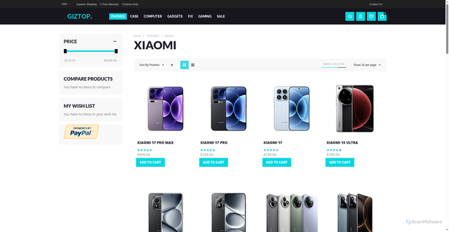 Security scan screenshot of https://www.giztop.com/phones/xiaomi.html