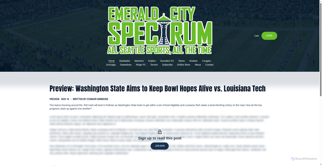 Security scan screenshot of https://www.emeraldcityspectrum.com/home/washington-state-cougars-louisiana-tech-bulldogs-bowl-hopes-alive