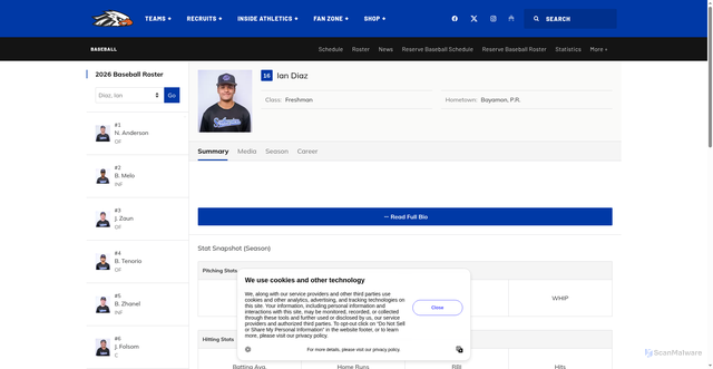 Security scan screenshot of https://scueagles.com/sports/baseball/roster/ian-diaz/5835