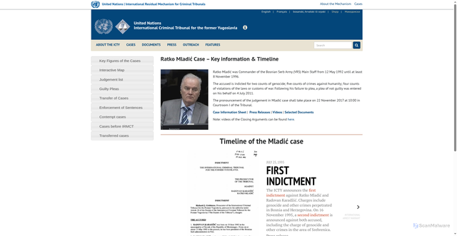 Security scan screenshot of https://www.icty.org/en/cases/ratko-mladic-case-key-information-timeline