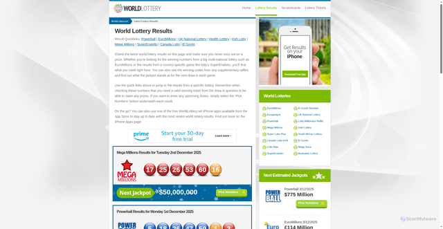 Security scan screenshot of https://www.worldlottery.net/lottery-results