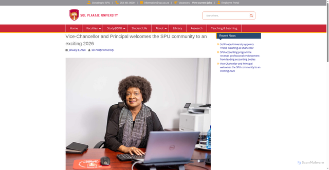Security scan screenshot of https://solplaatjeuni.com/index.php/vice-chancellor-and-principal-welcomes-the-spu-community-to-an-exciting-2026/