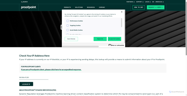 Security scan screenshot of https://www.proofpoint.com/us/ipcheck?ip=191.156.47.251