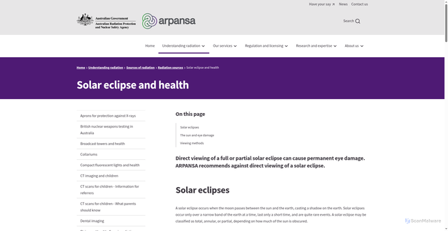 Security scan screenshot of https://www.arpansa.gov.au/understanding-radiation/radiation-sources/more-radiation-sources/solar-eclipse