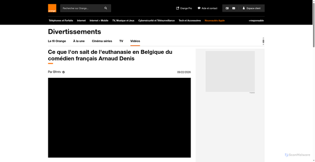 Security scan screenshot of https://divertissements.orange.fr/videos/ce-que-l-on-sait-de-l-euthanasie-en-belgique-du-comedien-francais-arnaud-denis-CNT000002s2LdV.html