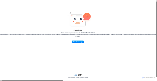 Security scan screenshot of https://crm.zohocloud.ca/crm/EventInvitation?digest=1018f6f2b56c6fa1711253a775393d7216f02cebafe7d94befb00501caae5b98365d838cdf164b809ff2690424d88b21aeeeb6900a60ecf5d7984f7acd3a5095f40a90dada5123c39c485e6959b26ff00e35b58da4de8ccb3818a77cf457433f&venue=e15fb5841c06d508af2a816dd9fa83792c8a939df2462a9af2c586dd8a262d797d679a71345feacd54a186183fc823b84dd652da917bedc88ab31e81270c089aaab77f6bcc7a11ad4881a079c9a709d1&st=984ef7949cfadfeca3aebddd73262f303529b71b0b812a9b3c26cd128841531d&et=4afe880b6db0df4e1b8cb74ac74386c029fbbea992152d80e79946098bbb04d2&tit=764510184f46c188d74c70030f4dd5cba1c5d7bed28f5f9ee58da0df98099398dfe66554e23a1801cca5756c2b1fb4ff&loc&fceddf752b2c257e4ff111e8cc8bdd214ad4daf389feb888d40d571235e436&host=9f1167fcb72dbbc5b6f3d106be009fc5806cf978174040efa9dfbc7c6d02d718e5f6ec2f4323685f705508a39150b415&allday=0221d6e7dc0bb1597b8fec45207d9efab955e5a4e31fba8638f81993849511eb&evStatus=368ed6019608ce7aea0b58f66405d230c9bb43592ebbef2320ea935dd7030a69&status=no