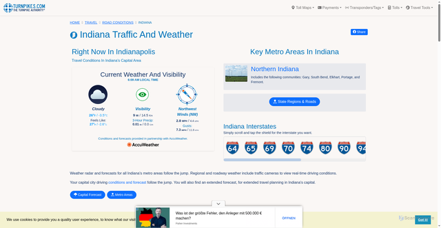 Security scan screenshot of https://www.turnpikes.com/travel/road-conditions/indiana/
