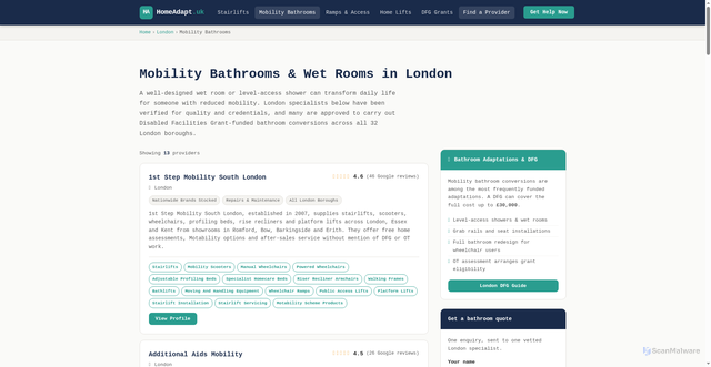 Security scan screenshot of https://homeadapt.uk/london/mobility-bathrooms/
