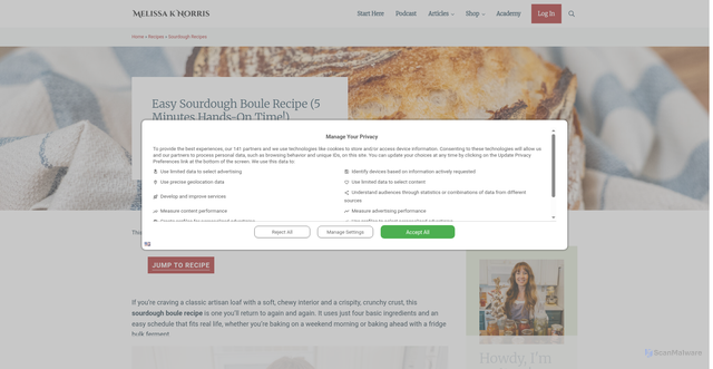 Security scan screenshot of https://melissaknorris.com/sourdough-boule-recipe/?srsltid=AfmBOooRD1gd_NuVNuLRomi1nVa_sQNXZuempIfta5SlgP1nRvDF-URJ