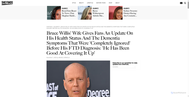 Security scan screenshot of https://www.shefinds.com/collections/bruce-willis-dementia-update-wife-early-symptoms/