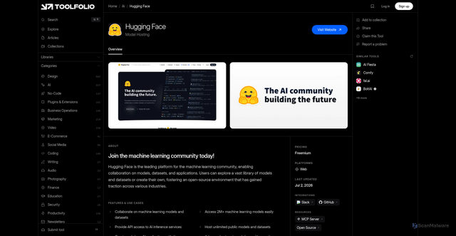 Security scan screenshot of https://toolfolio.com/tools/hugging-face
