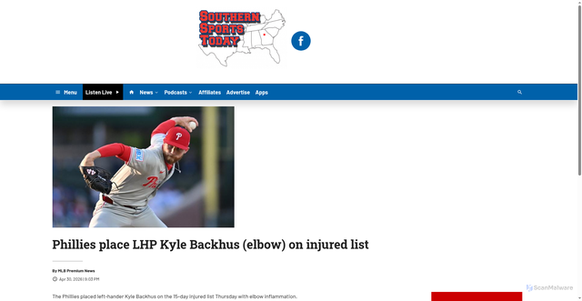 Security scan screenshot of https://www.southernsportstoday.com/2026/04/30/phillies-place-lhp-kyle-backhus-elbow-on-injured-list/