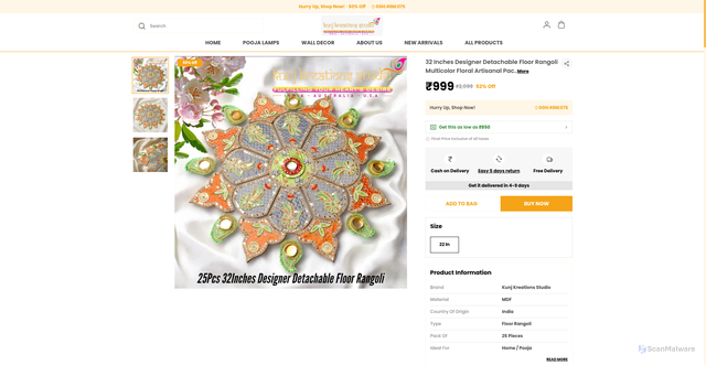 Security scan screenshot of https://kunjkreationsstudio.com/32-Inches-Designer-Detachable-Floor-Rangoli-Multicolor-Floral-Artisanal-Pack/catalogue/tQ3qMAJ8/mLyQWsEg