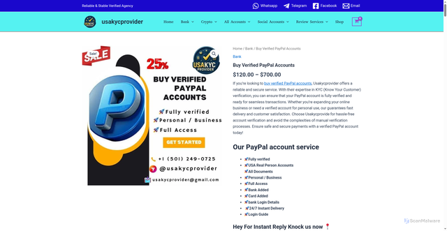 Security scan screenshot of https://usakycprovider.com/product/buy-verified-paypal-accounts/