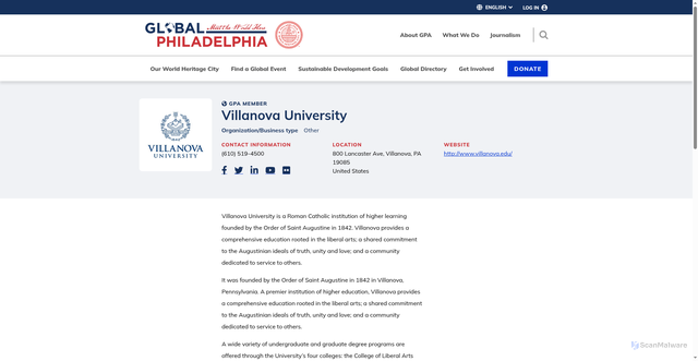 Security scan screenshot of https://globalphiladelphia.org/organizations/villanova-university