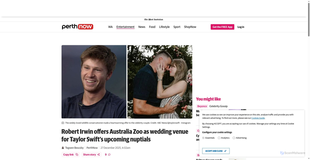 Security scan screenshot of https://www.perthnow.com.au/entertainment/robert-irwin-offers-australia-zoo-as-wedding-venue-for-taylor-swifts-upcoming-nuptials-c-21131238