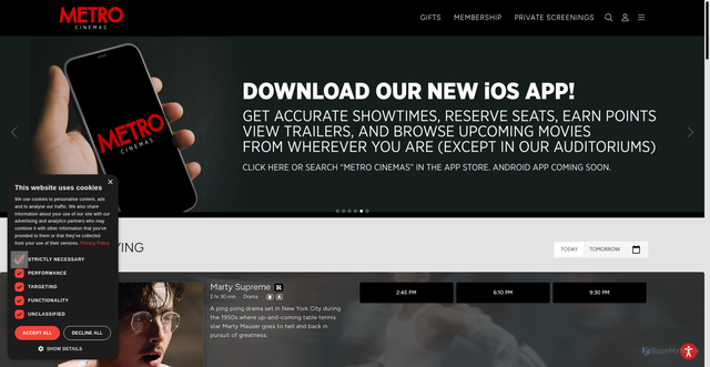Security scan screenshot of https://www.metro-cinemas.com/