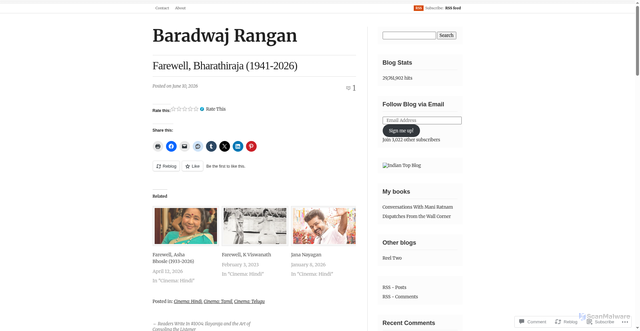 Security scan screenshot of https://baradwajrangan.wordpress.com/2026/06/10/farewell-bharathiraja-1941-2026/
