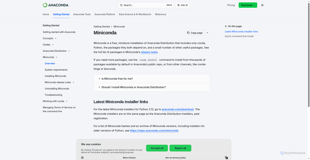 Security scan screenshot of https://www.anaconda.com/docs/getting-started/miniconda/main