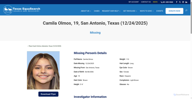 Security scan screenshot of https://texasequusearch.org/cases/camila-olmos-19-san-antonio-texas-12-24-2025/