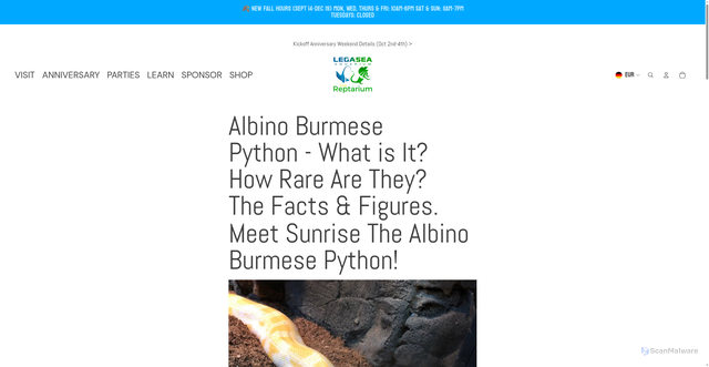 Security scan screenshot of https://legaseaaquarium.com/pages/albino-burmese-python-what-is-it-how-rare-are-they-the-facts-figures