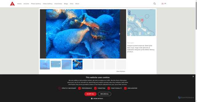 Security scan screenshot of https://www.archaeology.wiki/blog/2026/08/03/ancient-shipwreck-discovered-off-the-island-of-andros/