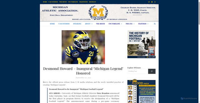 Security scan screenshot of https://mvictors.com/desmond-howard-inaugural-michigan-legend-honored/