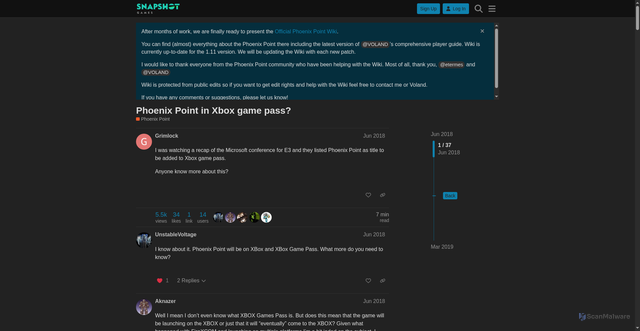 Security scan screenshot of https://forums.snapshotgames.com/t/phoenix-point-in-xbox-game-pass/966