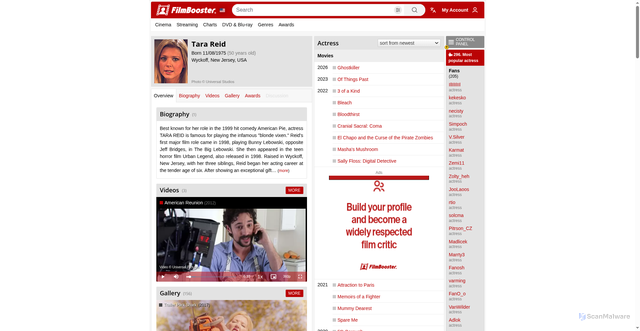 Security scan screenshot of https://www.filmbooster.com/creator/1877-tara-reid/overview/