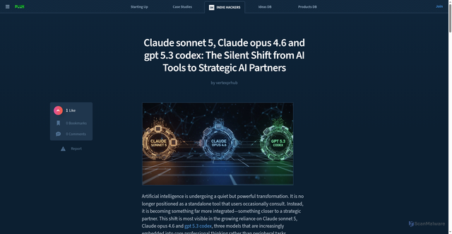 Security scan screenshot of https://www.indiehackers.com/post/claude-sonnet-5-claude-opus-4-6-and-gpt-5-3-codex-the-silent-shift-from-ai-tools-to-strategic-ai-partners-2dfa19ffe4