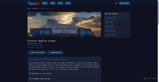 Security scan screenshot of https://homeaway.app/stadiums/xfinity-mobile-arena-nba/