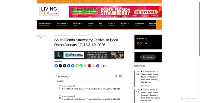 Security scan screenshot of https://www.livingfla.com/series/south-florida-strawberry-festival-in-boca-raton-january-17-18-19-2026/