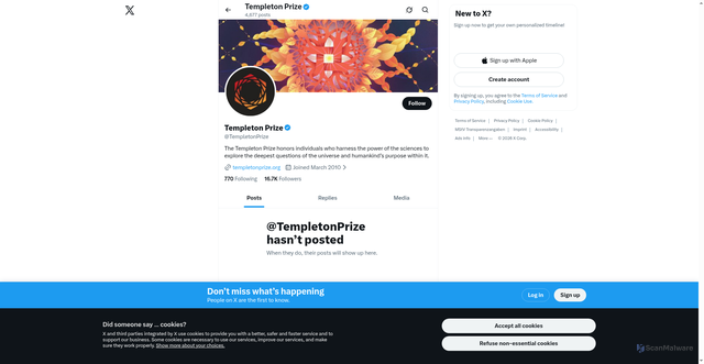 Security scan screenshot of https://x.com/templetonprize?utm_source=Receive+News+from+the+John+Templeton+Foundation&utm_campaign=5476e5e7dd-EMAIL_CAMPAIGN_2026_templetonprize-20260421&utm_medium=email&utm_term=0_-fc83279c7c-97355777