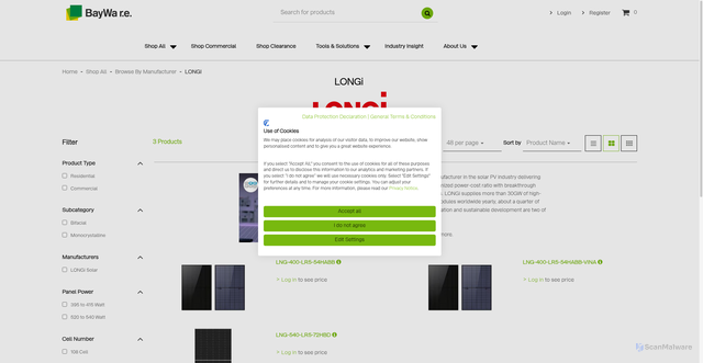 Security scan screenshot of https://solar-store-us.baywa-re.com/shop/manufacturer/longi