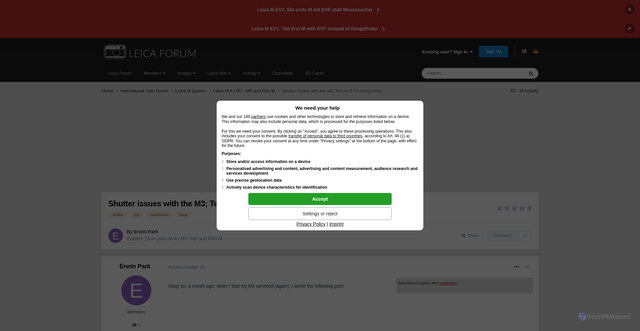 Security scan screenshot of https://www.l-camera-forum.com/topic/424794-shutter-issues-with-the-m3-tell-me-if-i%E2%80%99m-being-picky/