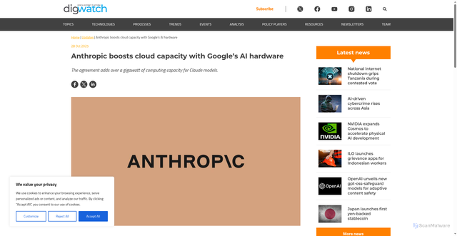 Security scan screenshot of https://dig.watch/updates/anthropic-boosts-cloud-capacity-with-googles-ai-hardware